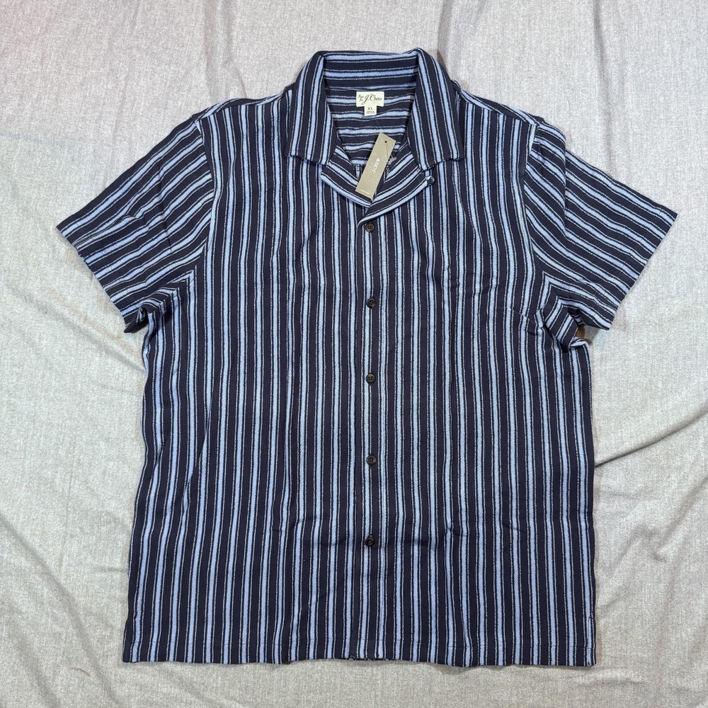 J Crew Shirt Mens XL Navy Blue Striped Textured Camp Sweater Button‎ Up Casual